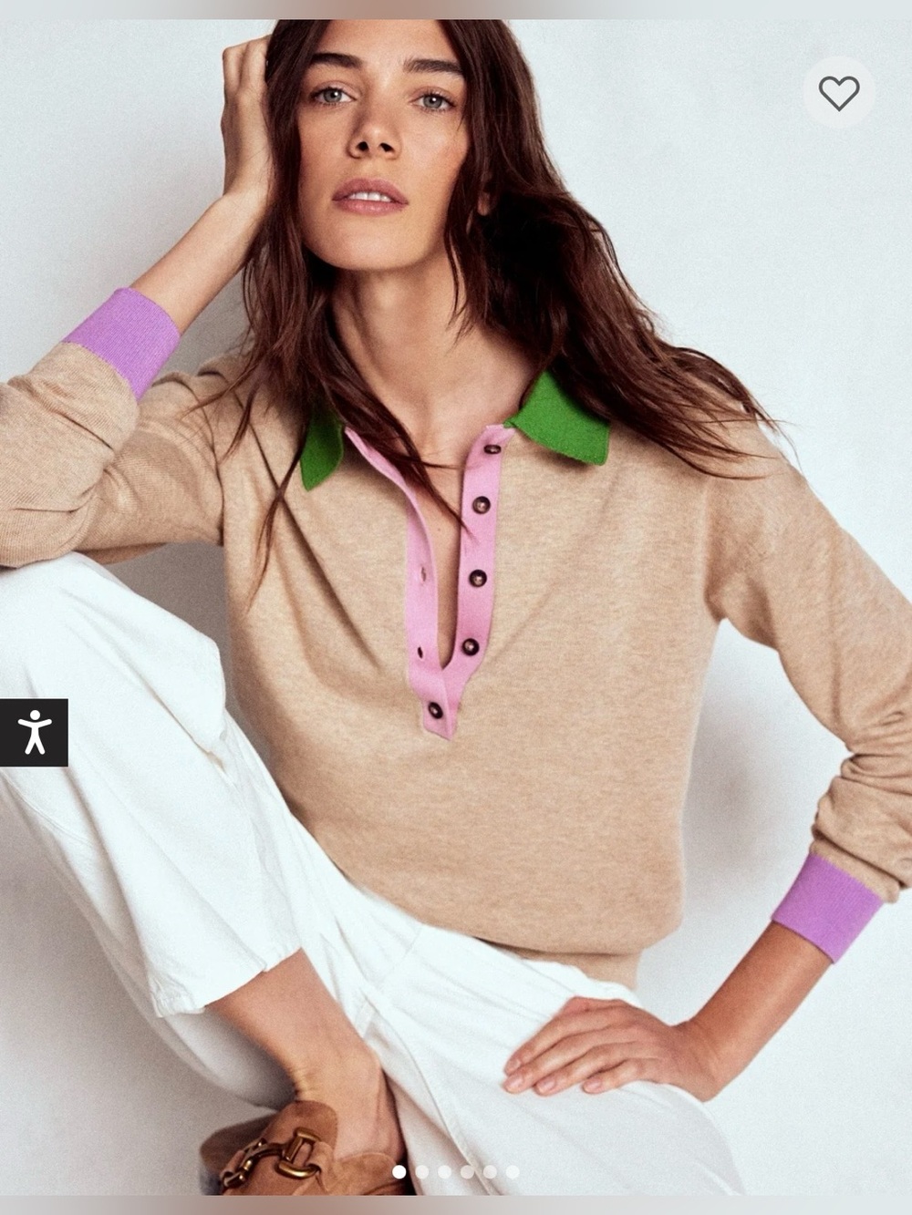 Boden LARA Beige Polo Sweater with Pink Placket and Green Collar size M.